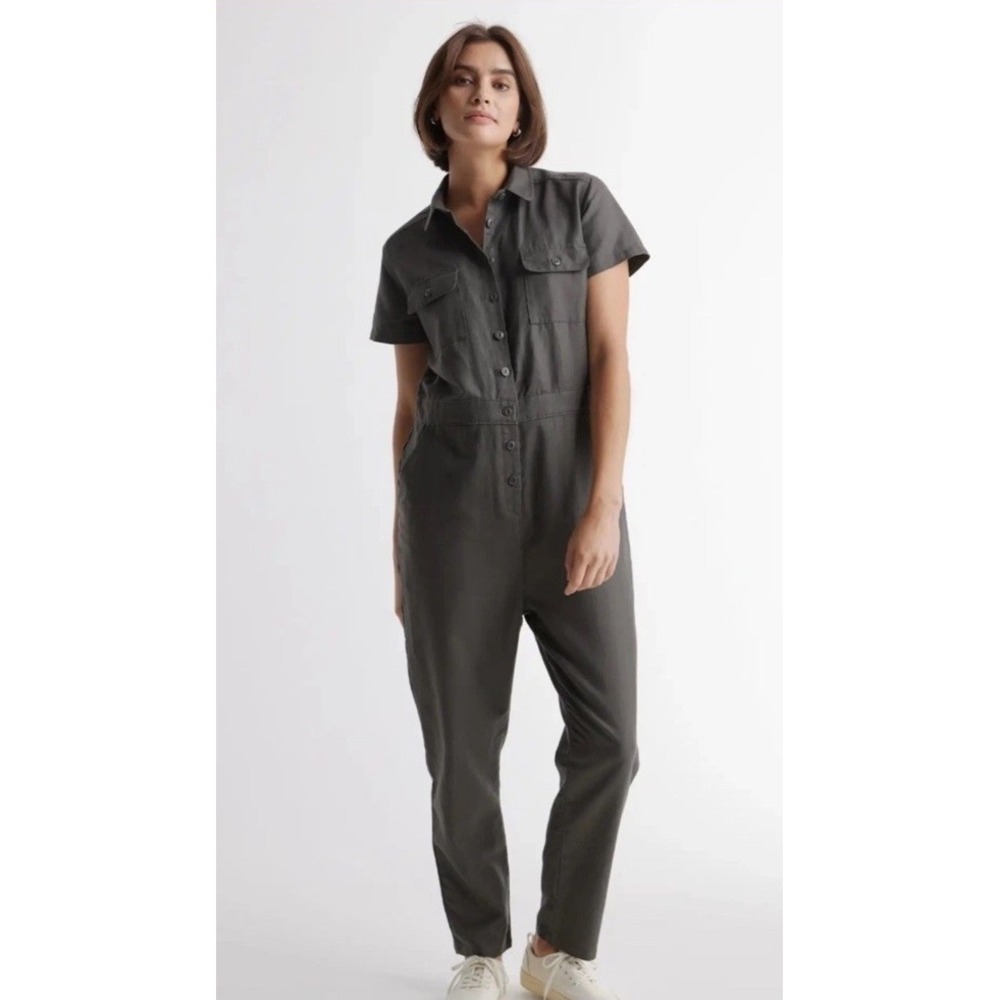 Quince Cotton Linen Twill Coverall Jumpsuit XL Gray Short Sleeve Minimalist